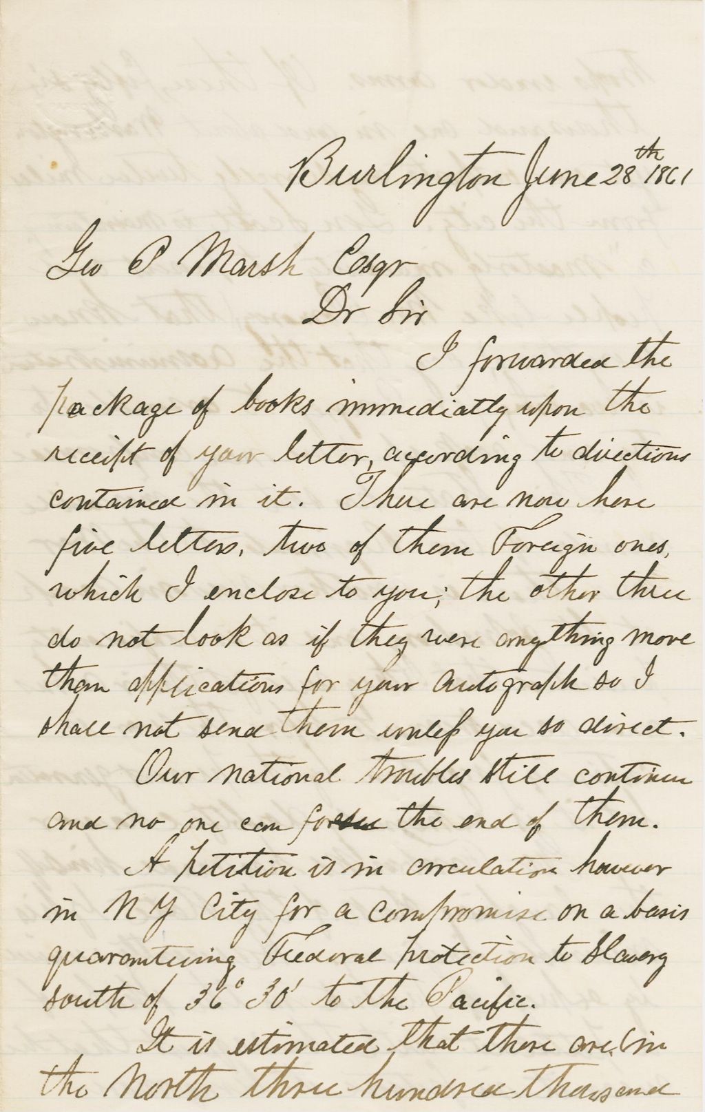 Miniature of Letter from Albert G. PEIRCE to GEORGE PERKINS MARSH, dated June 28, 1861.