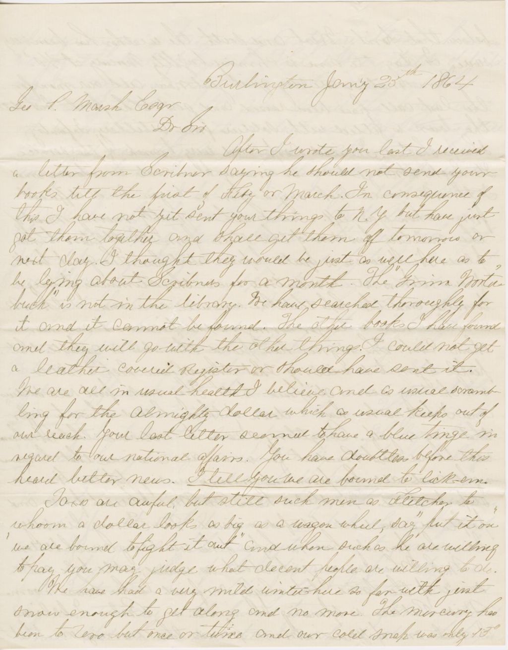 Miniature of Letter from ALBERT G. PEIRCE to GEORGE PERKINS MARSH, dated January 25, 1864.