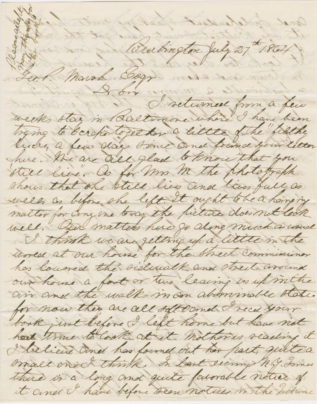 Miniature of Letter from ALBERT G. PEIRCE to GEORGE PERKINS MARSH, dated July 27, 1864.