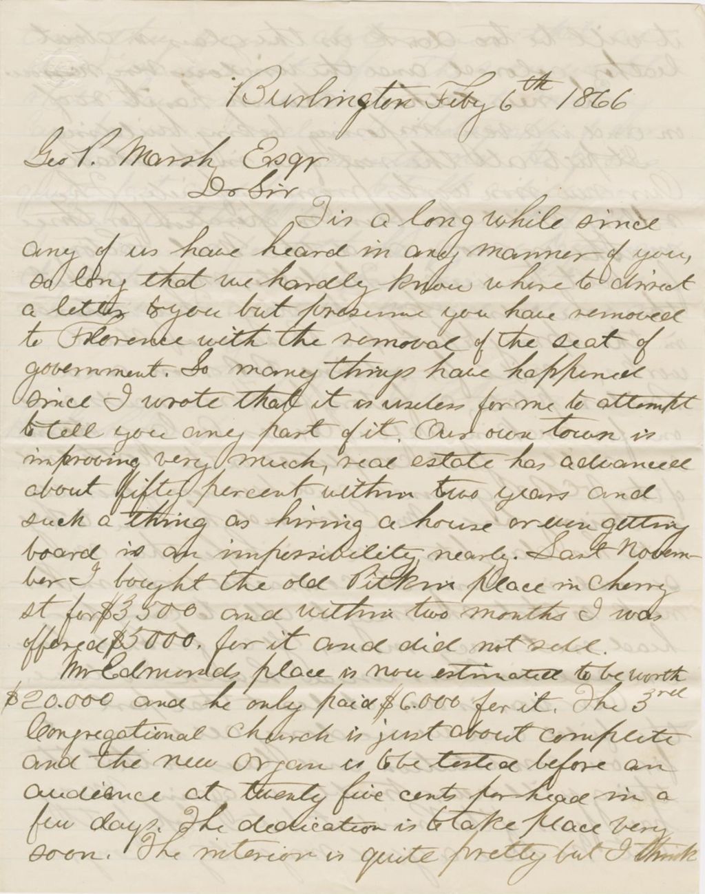 Miniature of Letter from ALBERT G. PEIRCE to GEORGE PERKINS MARSH, dated February 6, 1866.