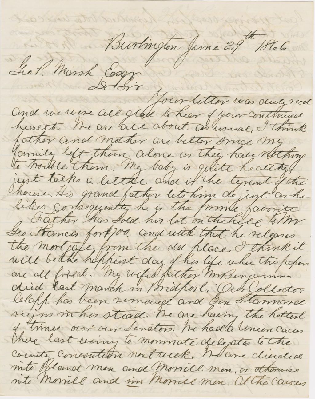 Miniature of Letter from ALBERT G. PEIRCE to GEORGE PERKINS MARSH, dated June 29, 1866.