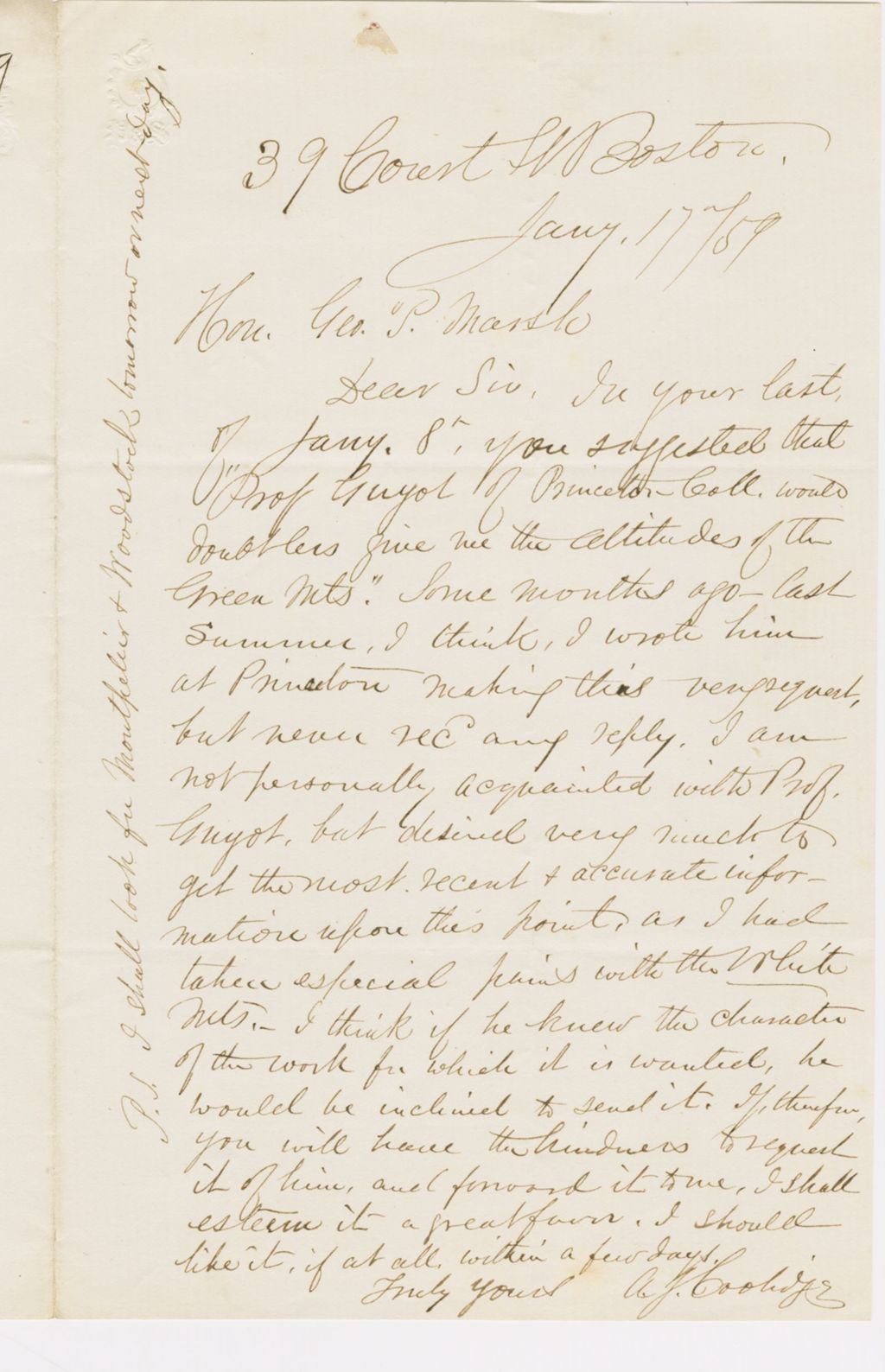 Miniature of Letter from AUSTIN JACOBS COOLIDGE to GEORGE PERKINS MARSH, dated January 17, 1859.