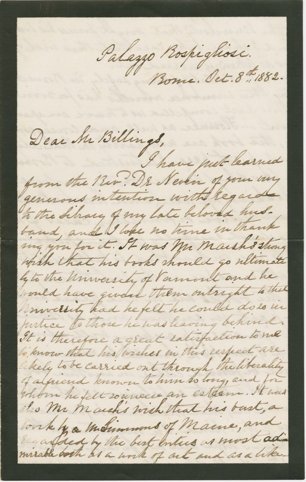 Miniature of Letter from CAROLINE CRANE MARSH to FREDERICK BILLINGS, dated October 8, 1882.