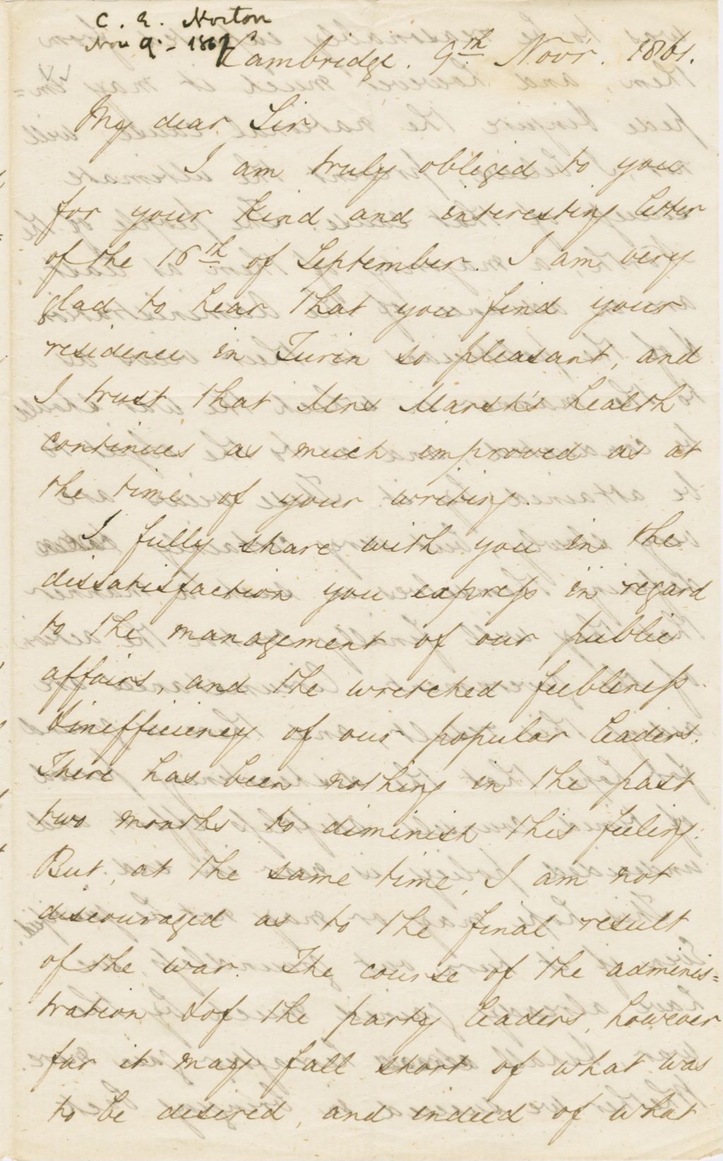 Miniature of Letter from CHARLES ELIOT NORTON to GEORGE PERKINS MARSH, dated November 9, 1861.