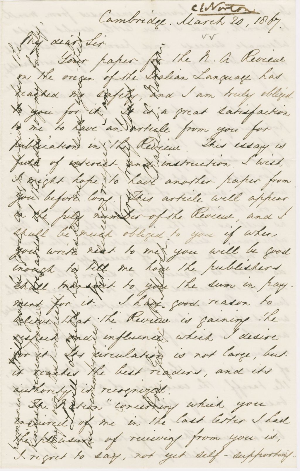 Miniature of Letter from CHARLES ELIOT NORTON to GEORGE PERKINS MARSH, dated March 20, 1867.