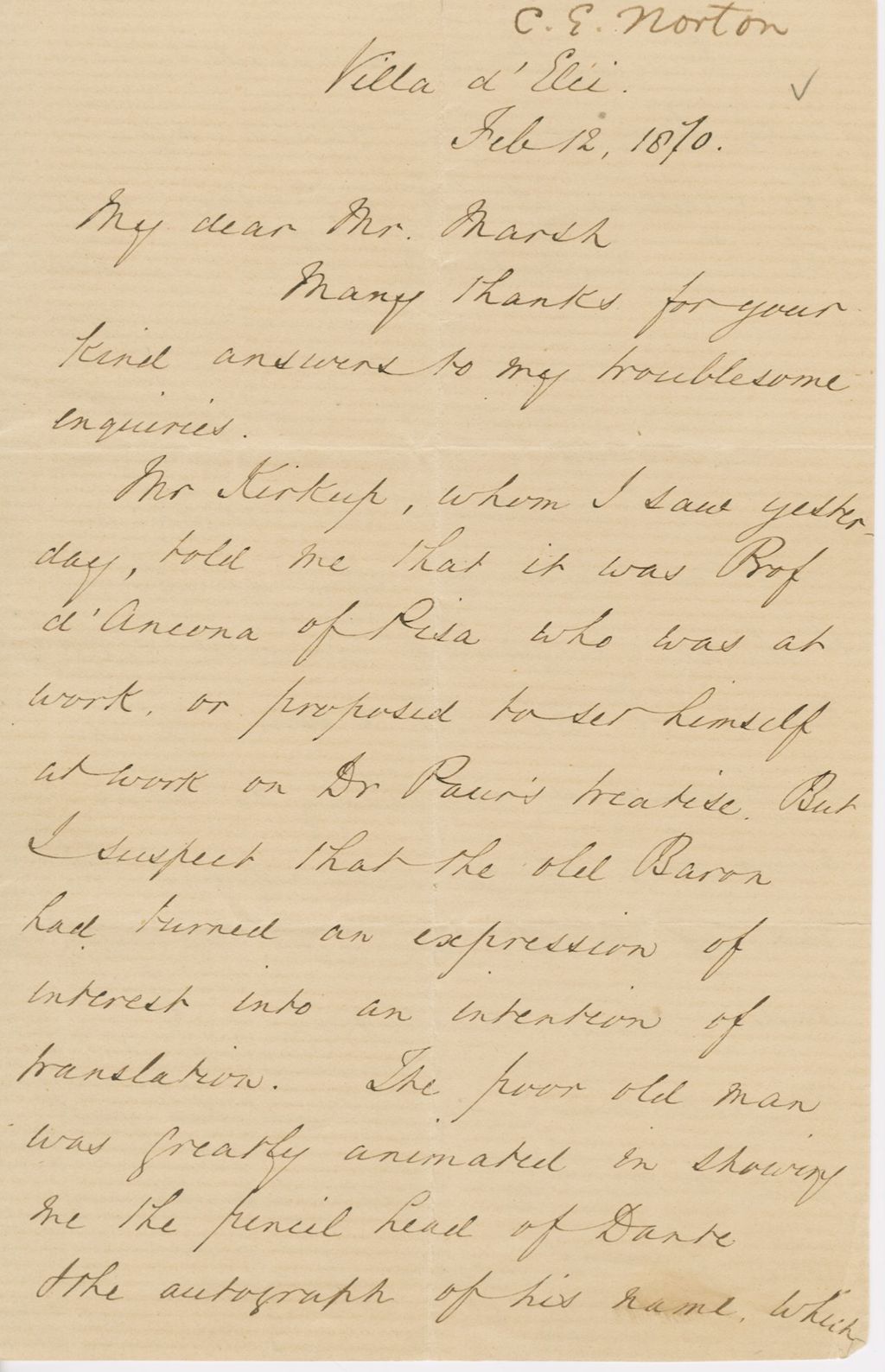 Miniature of Letter from CHARLES ELIOT NORTON to GEORGE PERKINS MARSH, dated February 12, 1870.