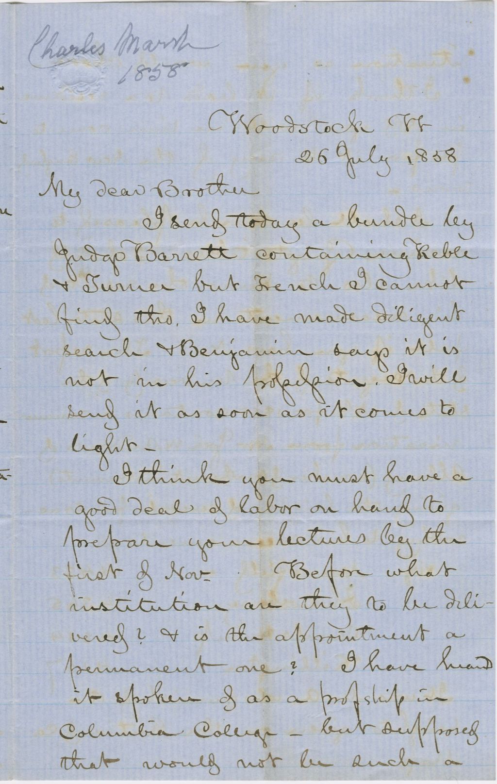 Miniature of Letter from CHARLES MARSH to GEORGE PERKINS MARSH, dated July 26, 1858.