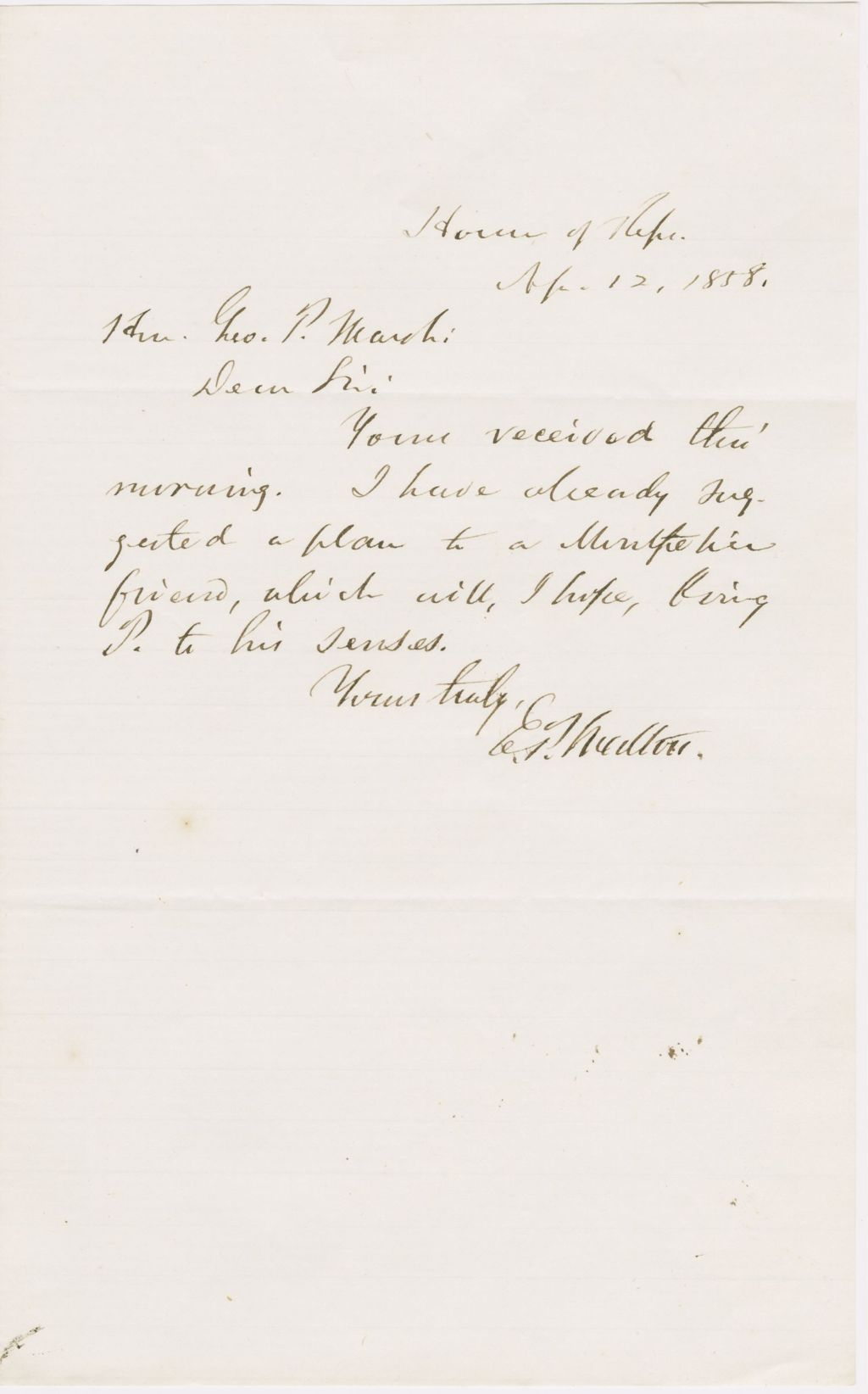 Miniature of Letter from ELIAKIM PERSONS WALTON to GEORGE PERKINS MARSH, dated April 12, 1858.