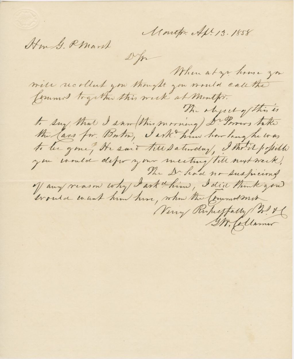 Miniature of Letter from GEORGE W. COLLAMER to GEORGE PERKINS MARSH, dated April 13, 1858.