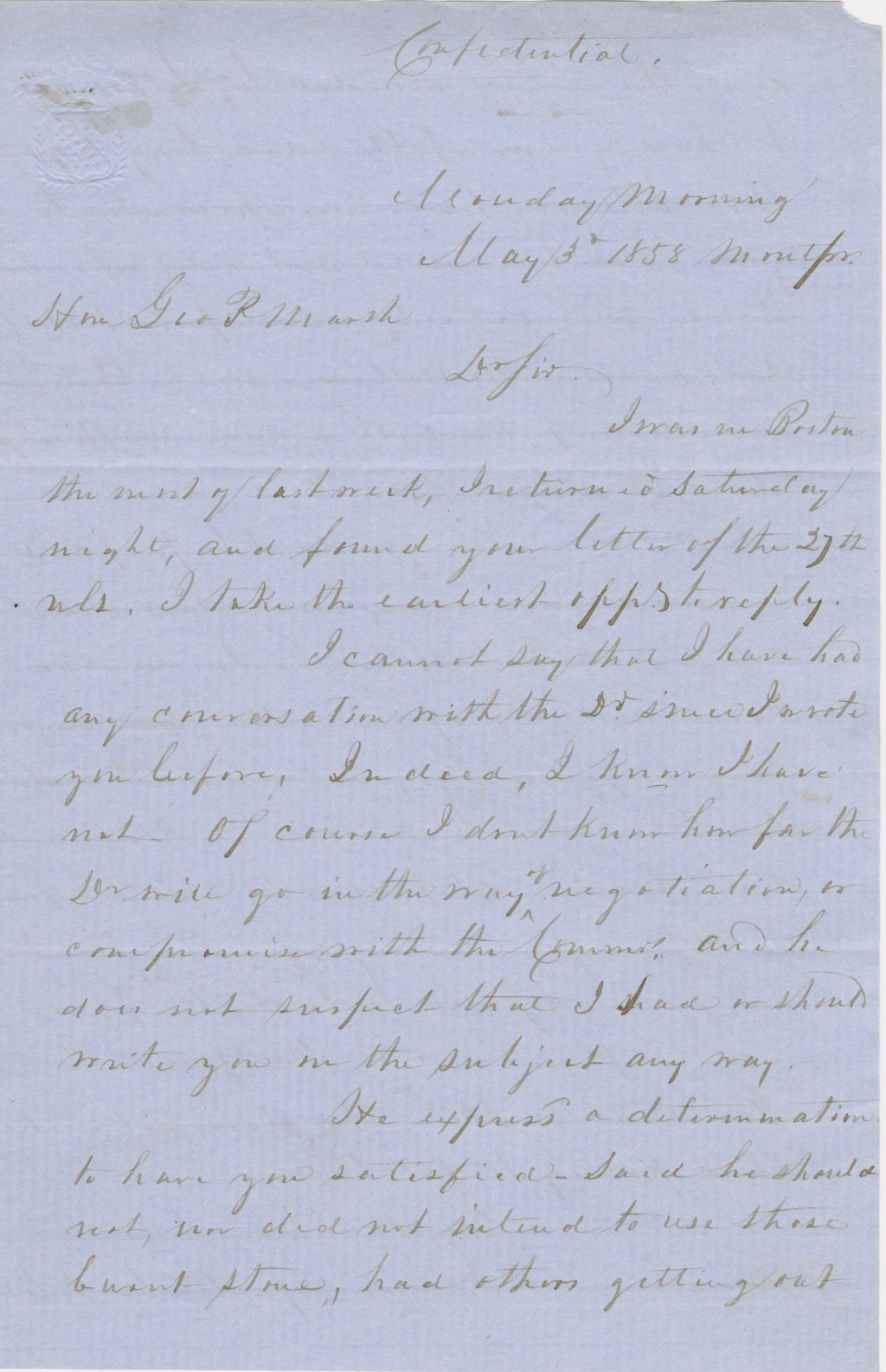 Miniature of Letter from GEORGE W. COLLAMER to GEORGE PERKINS MARSH, dated May 3, 1858.