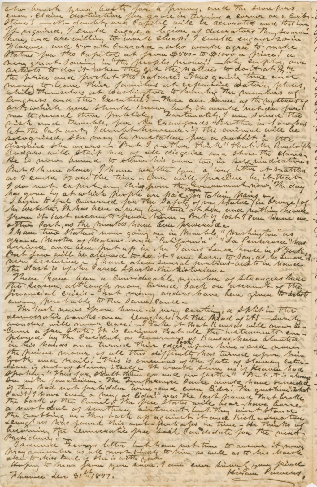 Miniature of Letter from HIRAM POWERS to GEORGE PERKINS MARSH, dated December 31, 1857.