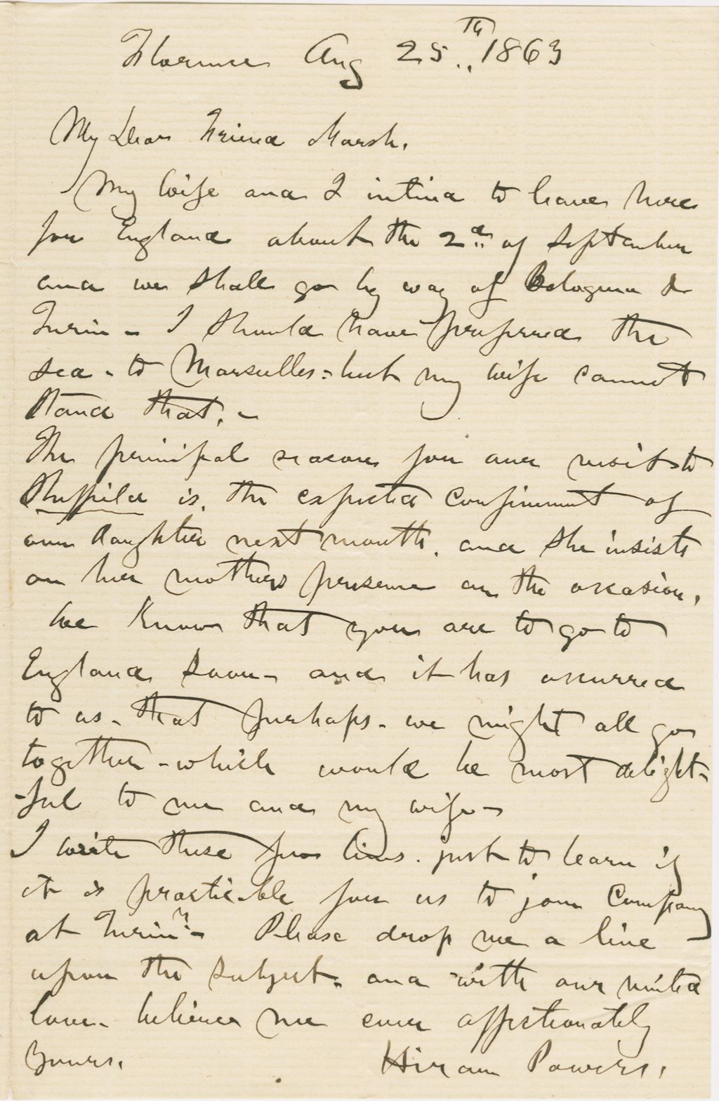 Miniature of Letter from HIRAM POWERS to GEORGE PERKINS MARSH, dated August 25, 1863.