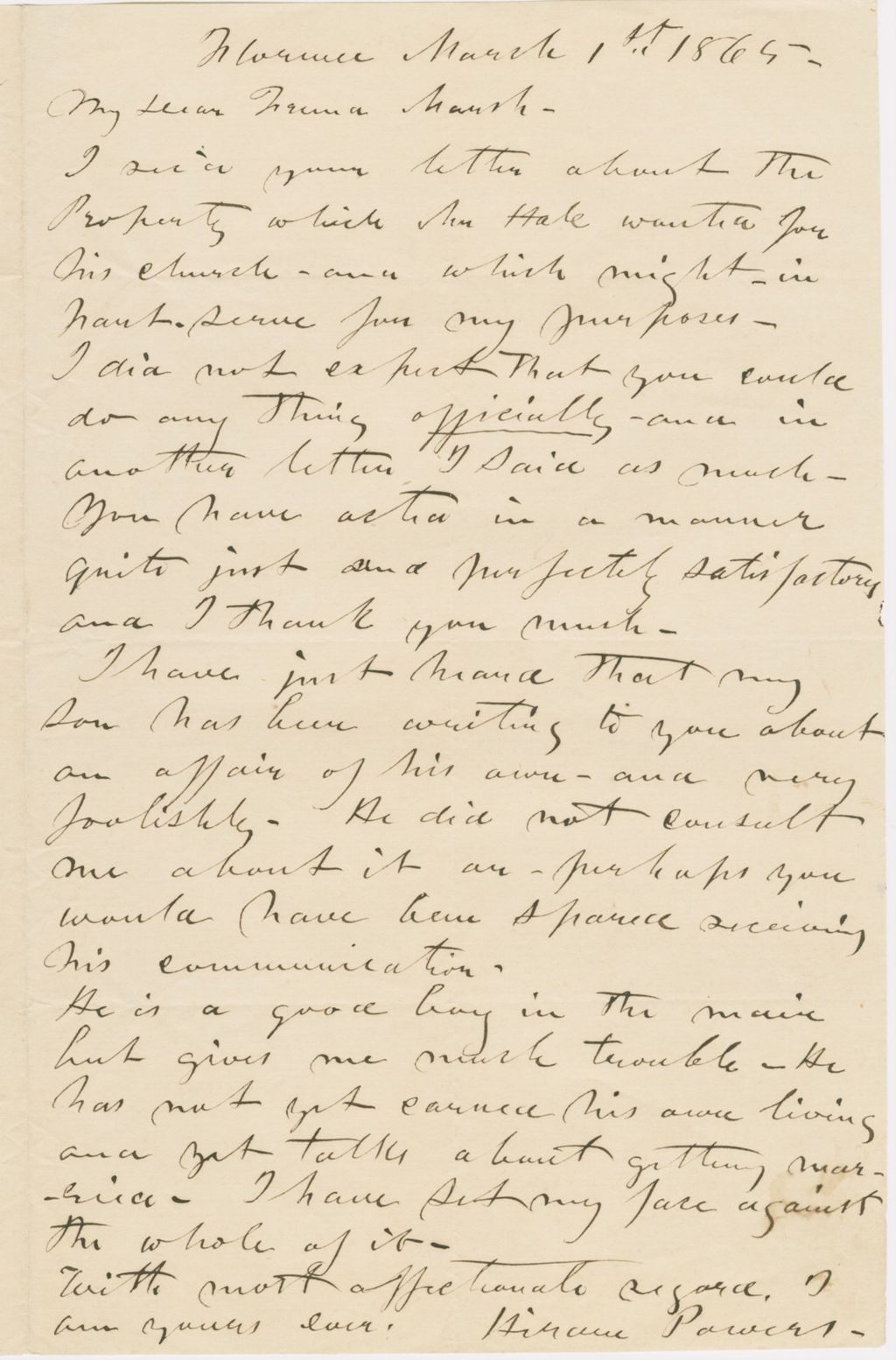 Miniature of Letter from HIRAM POWERS to GEORGE PERKINS MARSH, dated March 1, 1865.