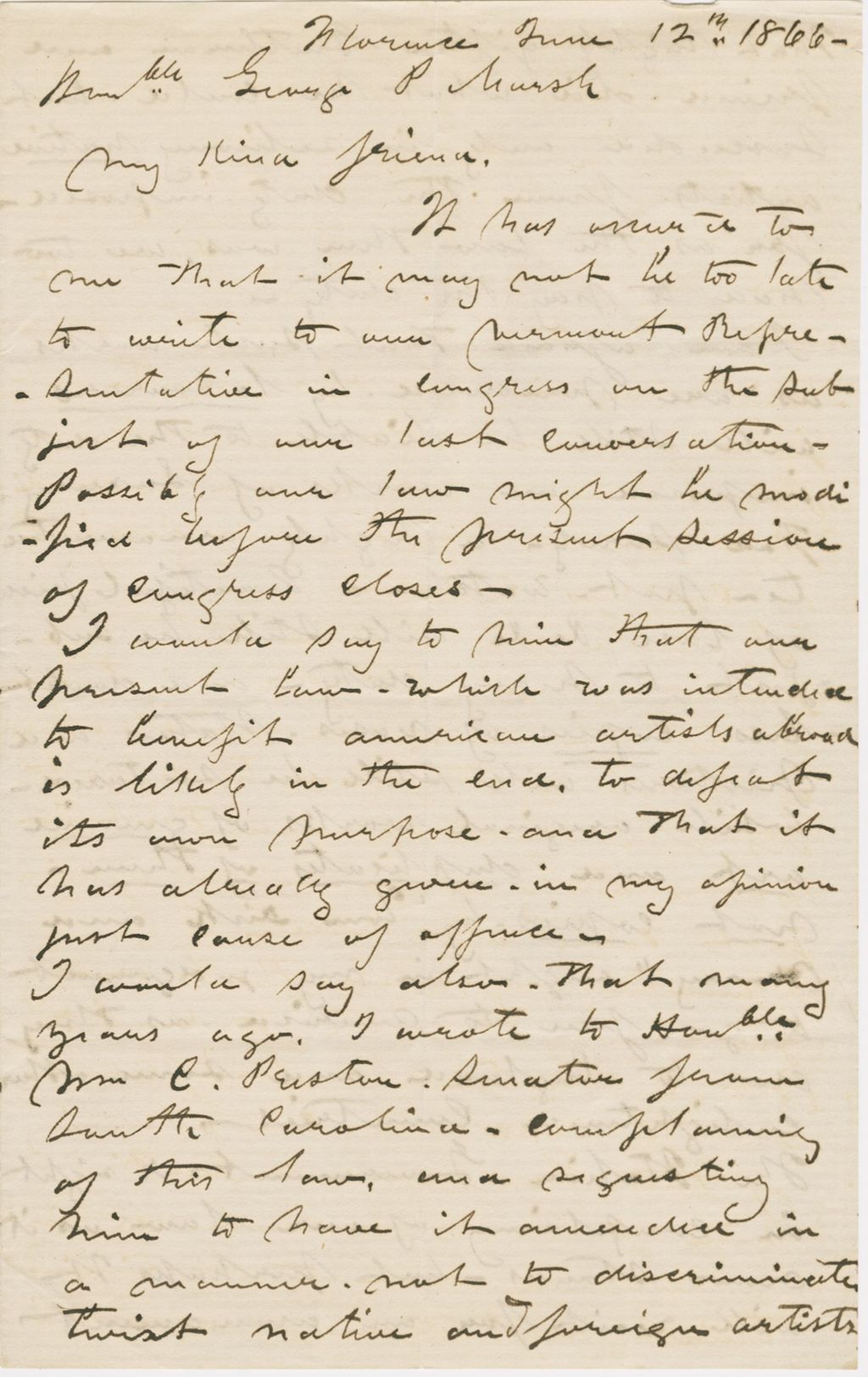 Miniature of Letter from HIRAM POWERS to GEORGE PERKINS MARSH, dated June 12, 1866.