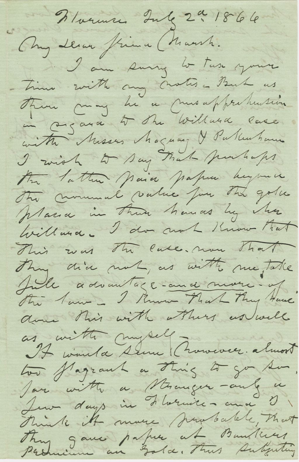 Miniature of Letter from HIRAM POWERS to GEORGE PERKINS MARSH, dated July 2, 1866.