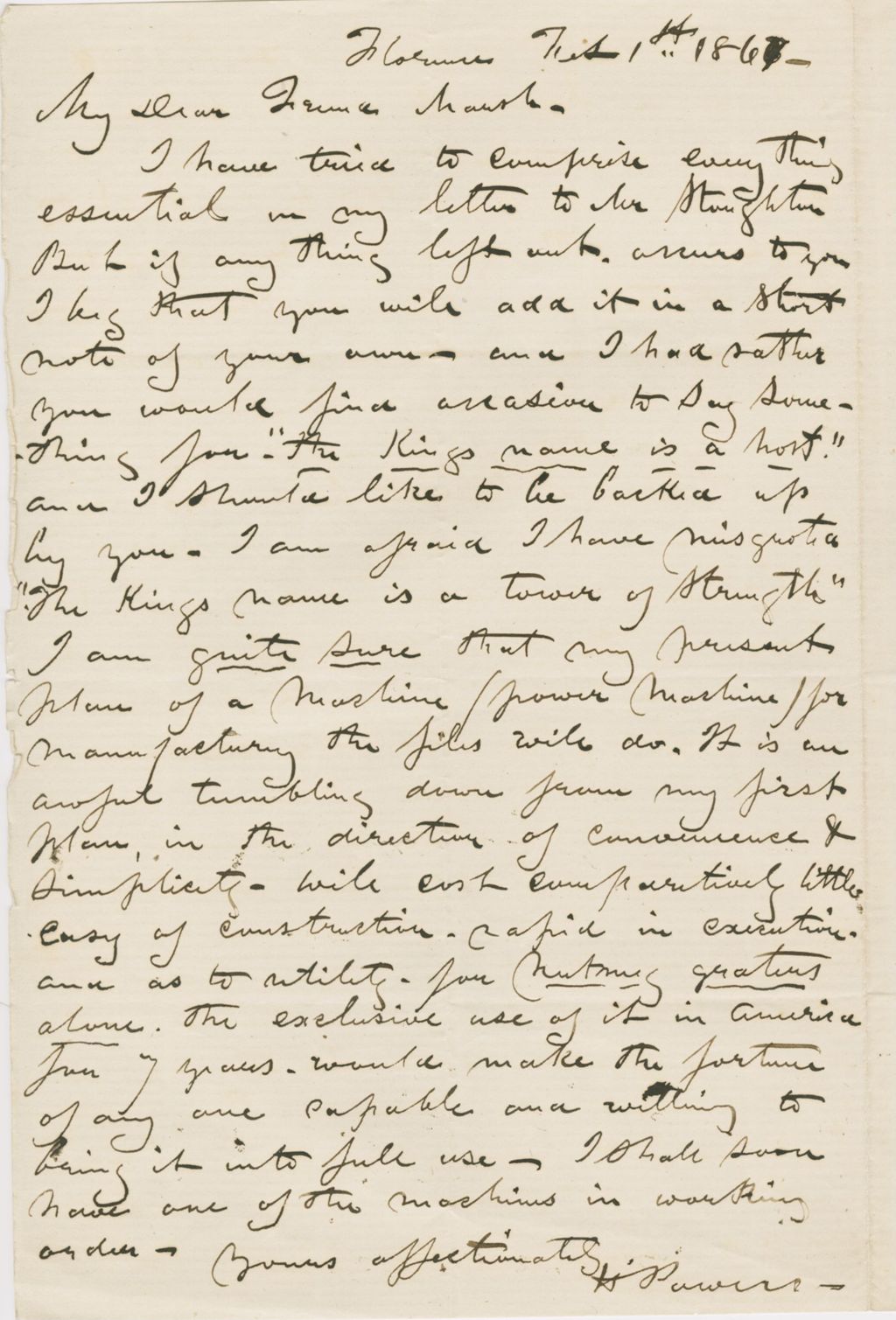 Miniature of Letter from HIRAM POWERS to GEORGE PERKINS MARSH, dated February 1, 1867.