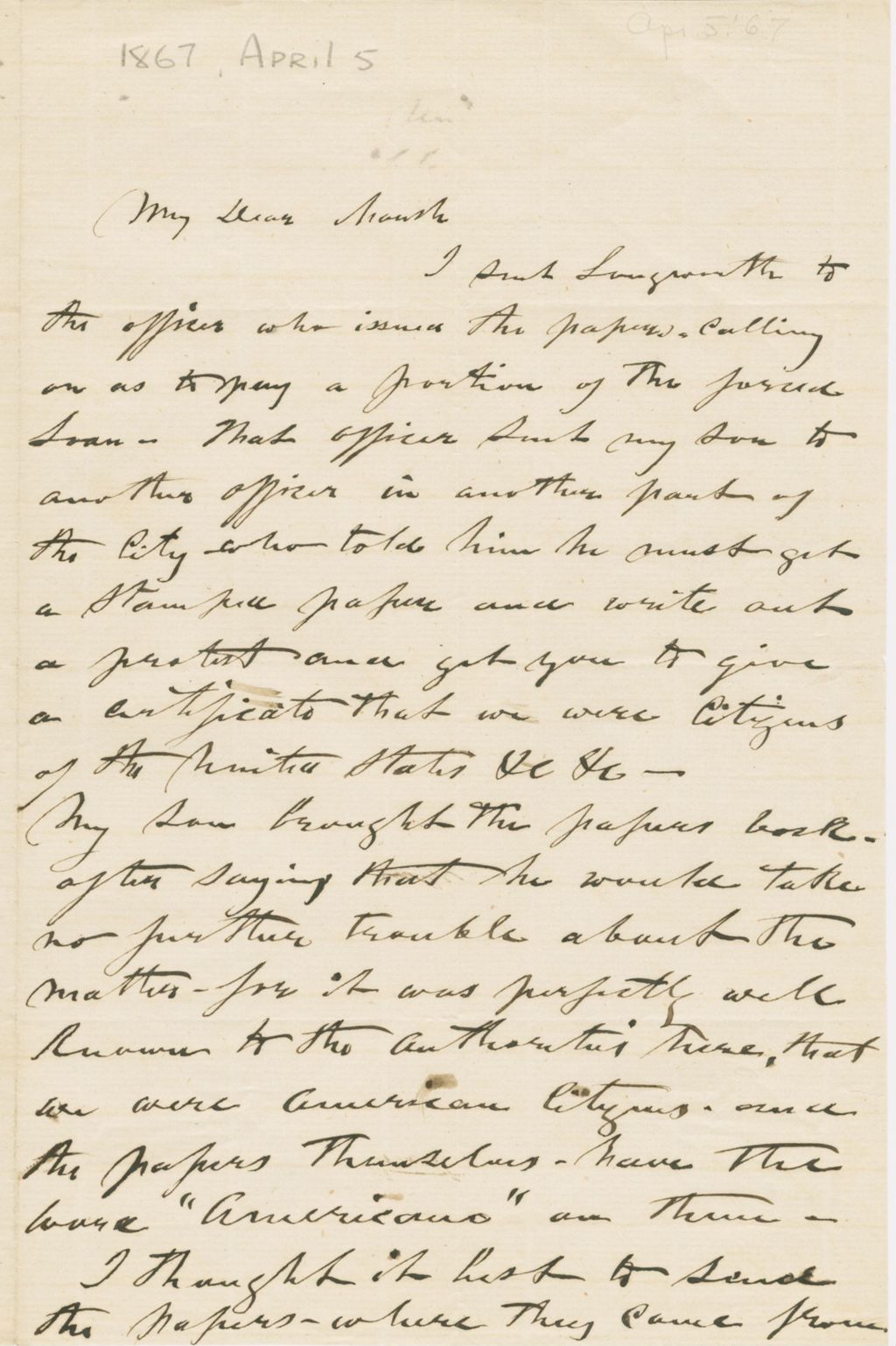 Miniature of Letter from HIRAM POWERS to GEORGE PERKINS MARSH, dated April 5, 1867.