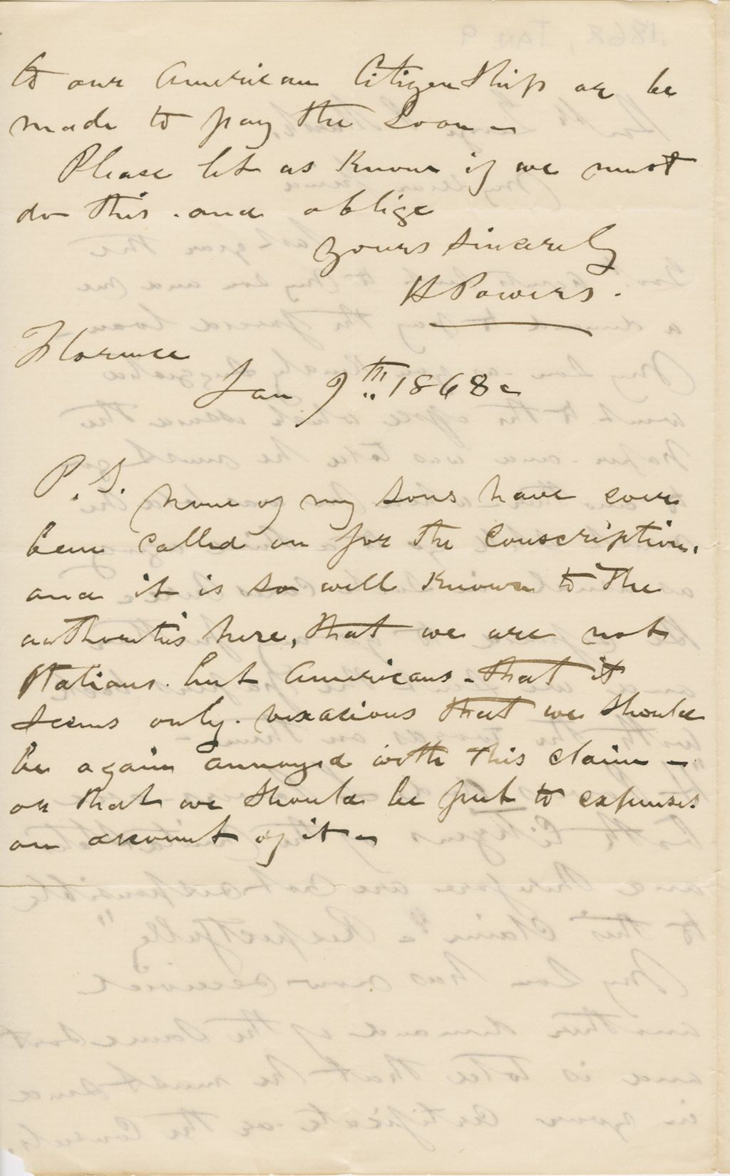 Miniature of Letter from HIRAM POWERS to GEORGE PERKINS MARSH, dated January 9, 1868.