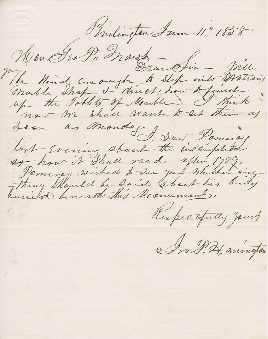 Miniature of Letter from IRA P. HARRINGTON to GEORGE PERKINS MARSH, dated June 11, 1858.