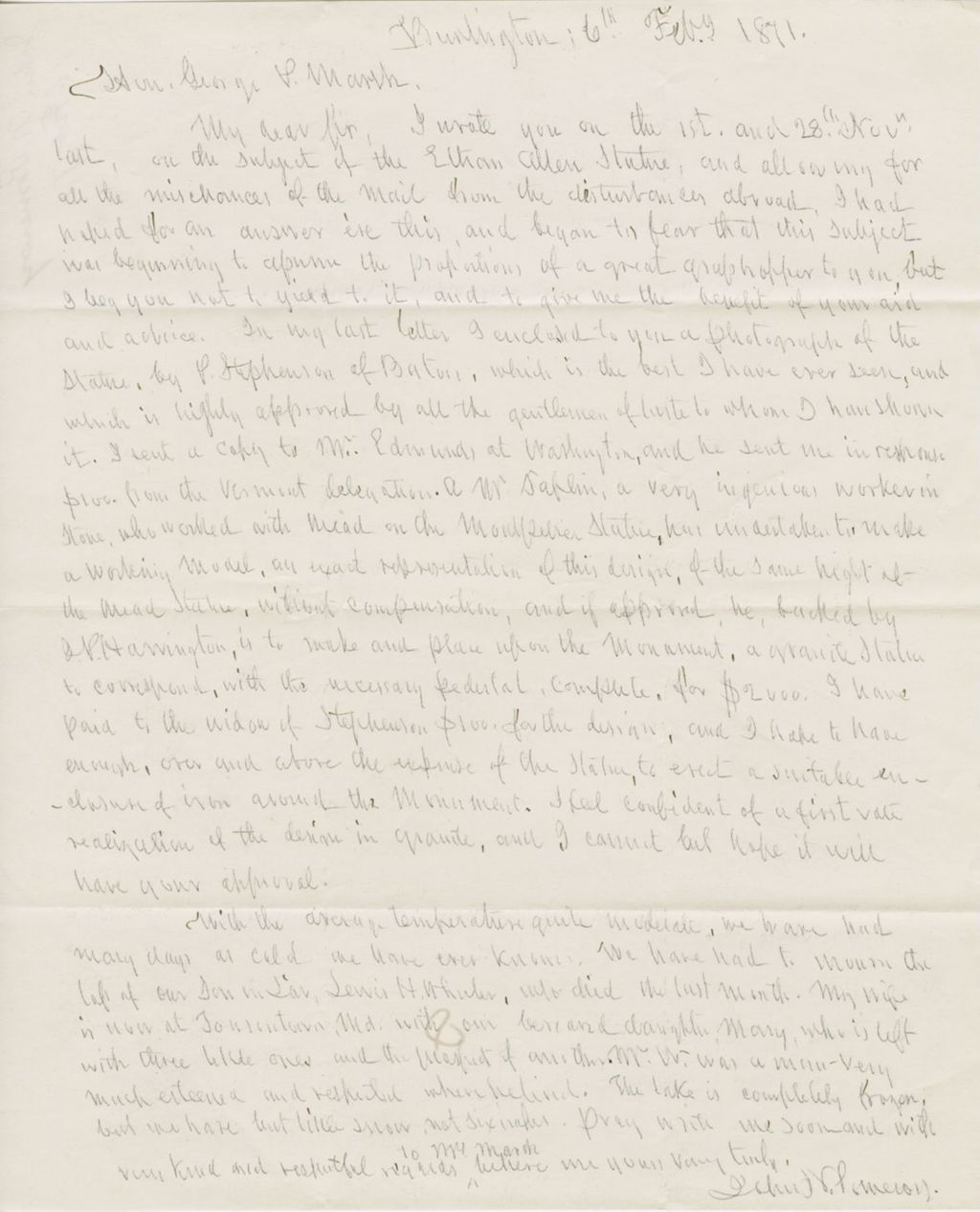 Miniature of Letter from JOHN NORTON POMEROY to GEORGE PERKINS MARSH, dated February 6, 1871.