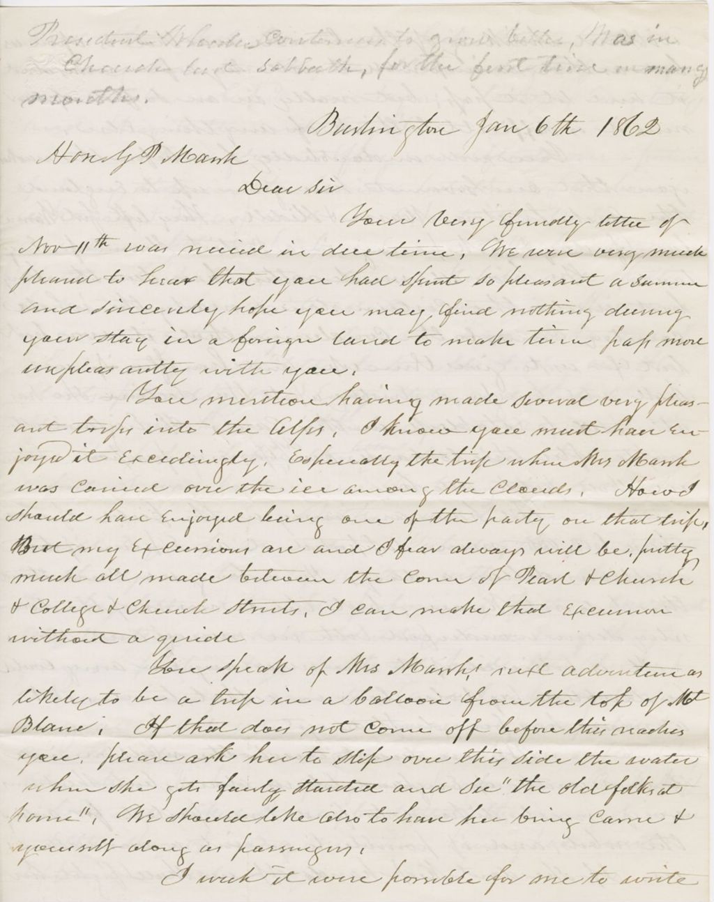 Miniature of Letter from J. S. PEIRCE to GEORGE PERKINS MARSH, dated January 6, 1862.