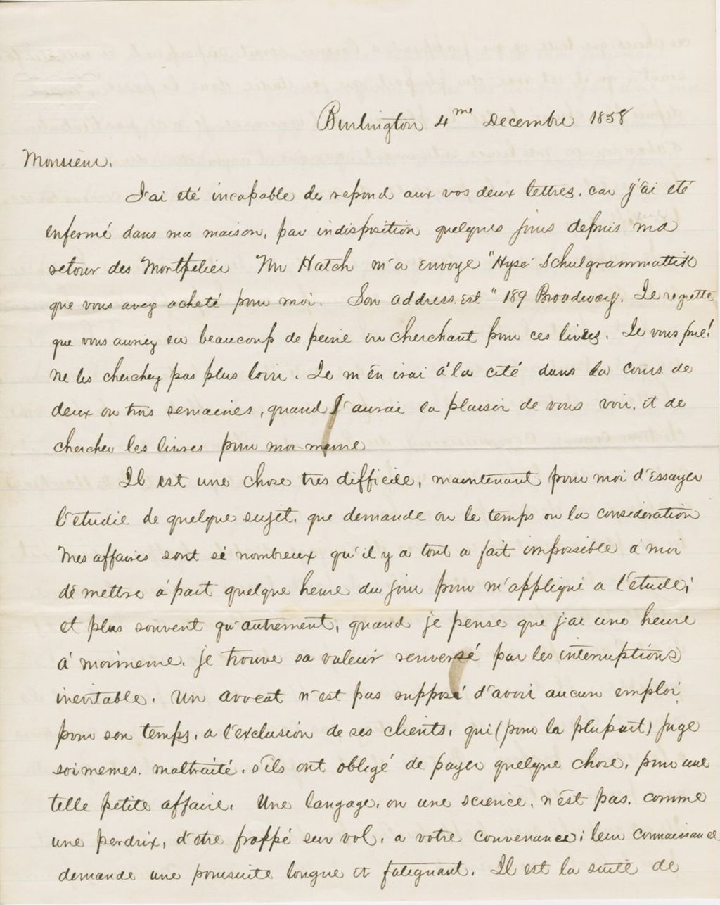 Miniature of Letter from LUCIUS EUGENE CHITTENDEN to GEORGE PERKINS MARSH, dated December 4, 1858.