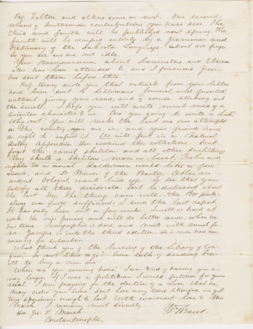 Miniature of Letter from SPENCER FULLERTON BAIRD to GEORGE PERKINS MARSH, dated January 20, 1852.