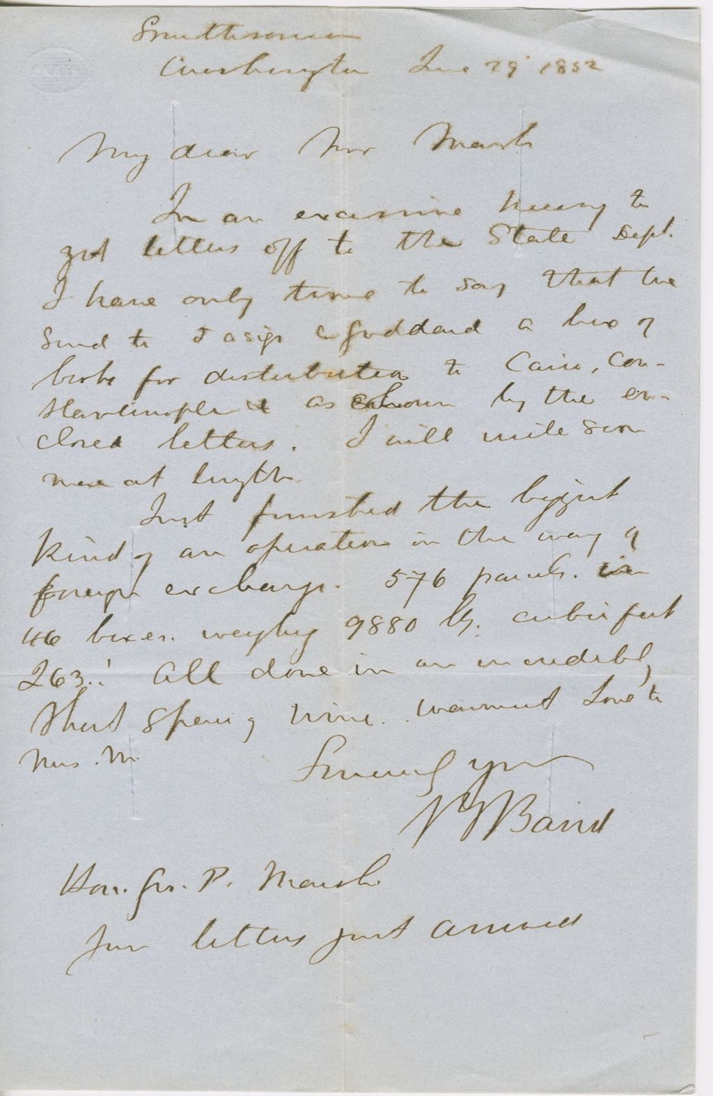 Miniature of Letter from SPENCER FULLERTON BAIRD to GEORGE PERKINS MARSH, dated January 29, 1852.