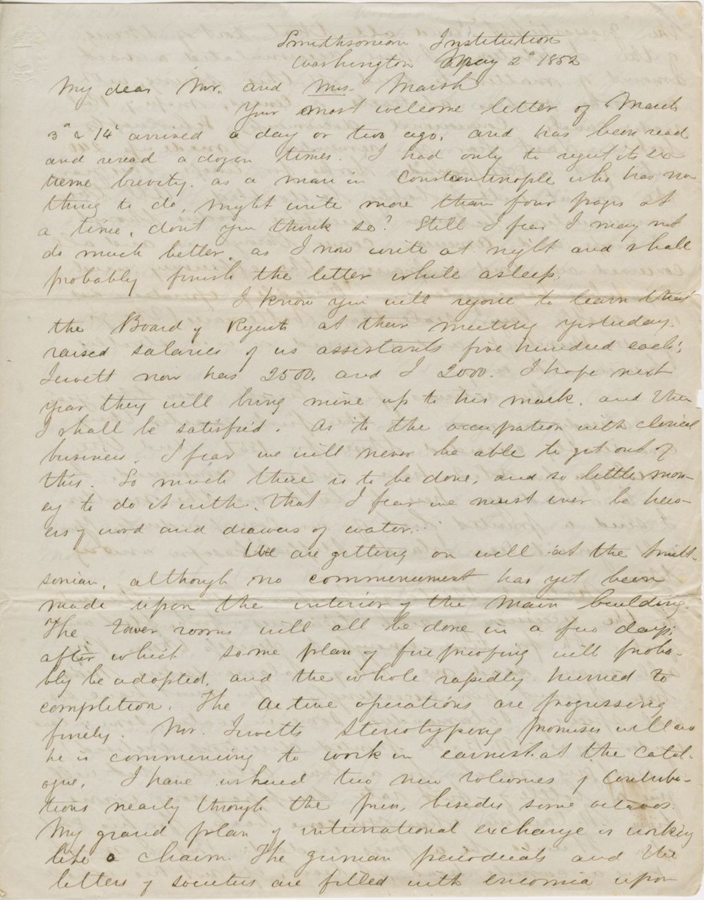 Miniature of Letter from SPENCER FULLERTON BAIRD to GEORGE PERKINS MARSH and CAROLINE CRANE MARSH, dated May 2, 1852.