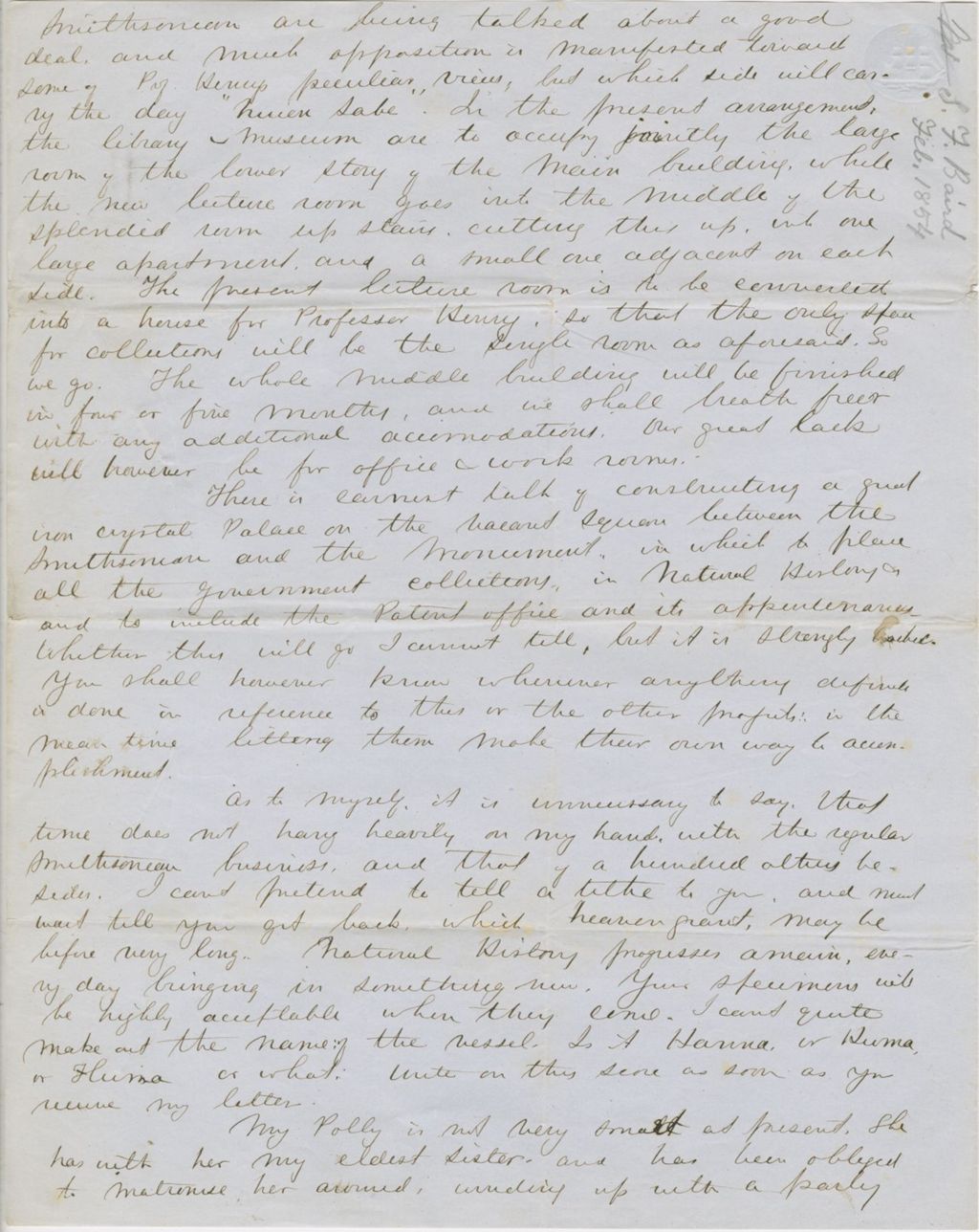 Miniature of Letter from SPENCER FULLERTON BAIRD to GEORGE PERKINS MARSH, dated February 5, 1854.