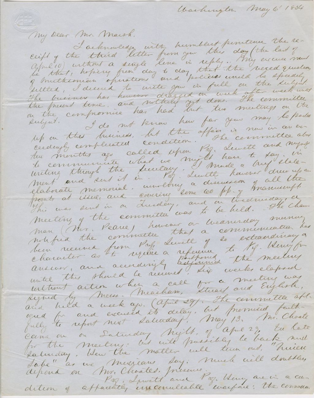 Miniature of Letter from SPENCER FULLERTON BAIRD to GEORGE PERKINS MARSH, dated May 6, 1854.