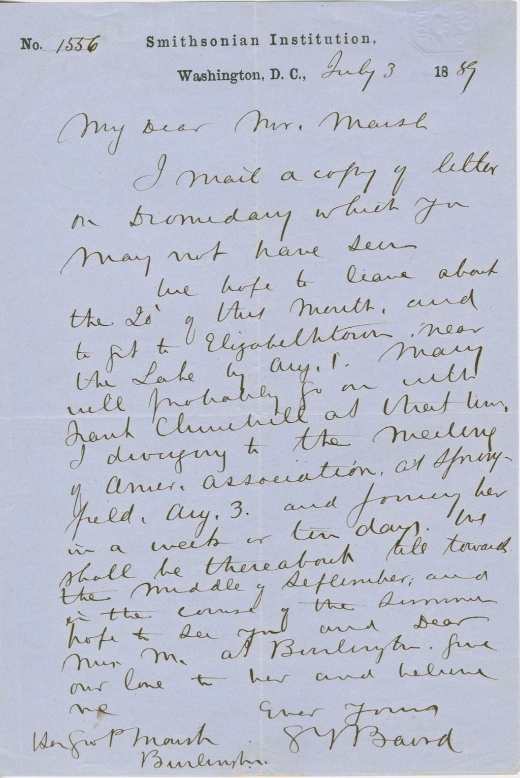 Miniature of Letter from SPENCER FULLERTON BAIRD to GEORGE PERKINS MARSH, dated July 3, 1859.