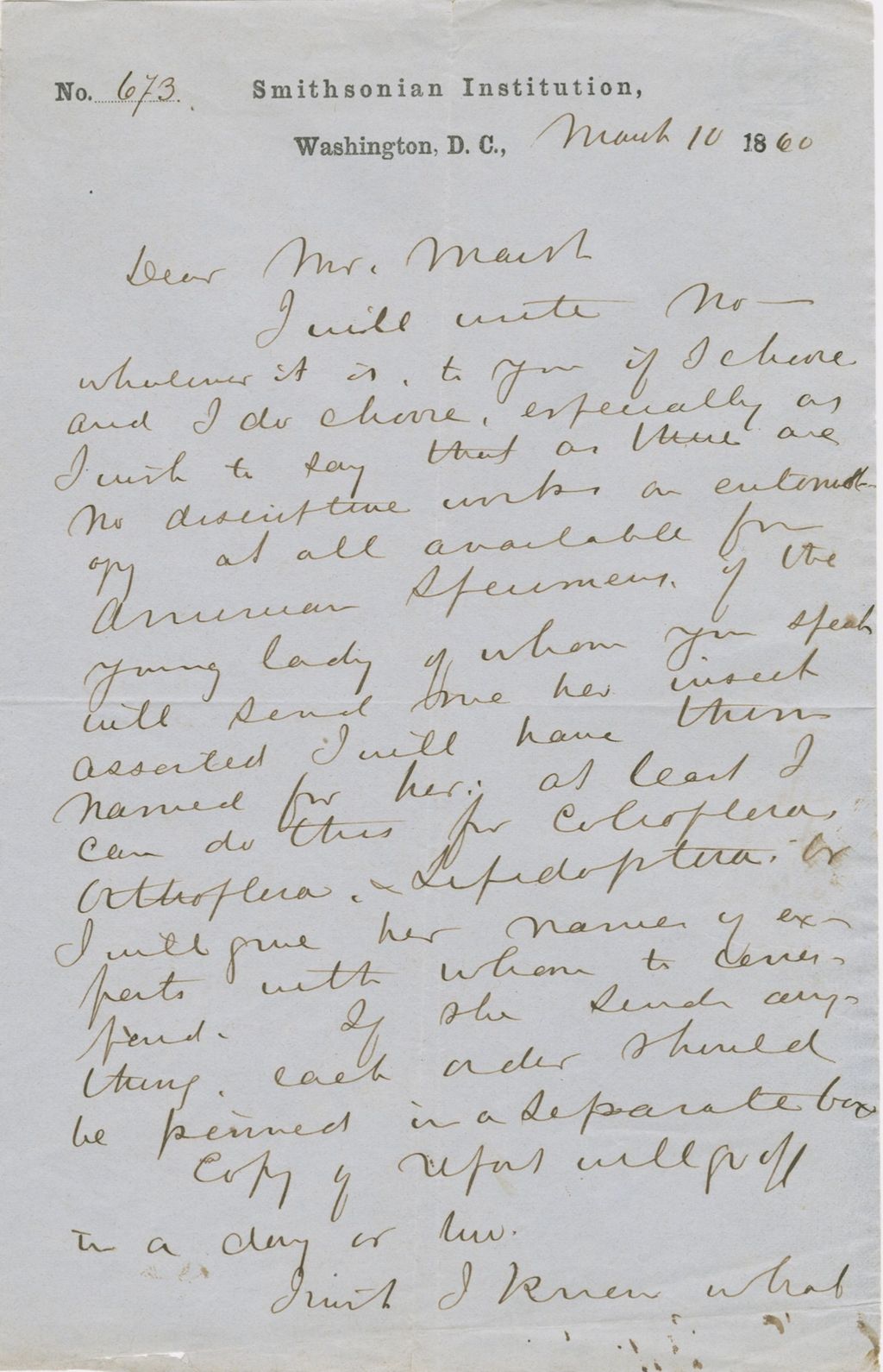 Miniature of Letter from SPENCER FULLERTON BAIRD to GEORGE PERKINS MARSH, dated March 10, 1860.