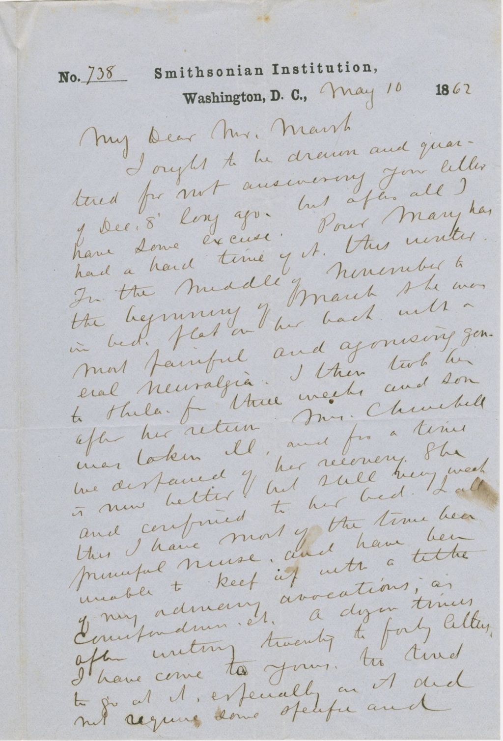 Miniature of Letter from SPENCER FULLETON BAIRD to GEORGE PERKINS MARSH, dated May 10, 1862.