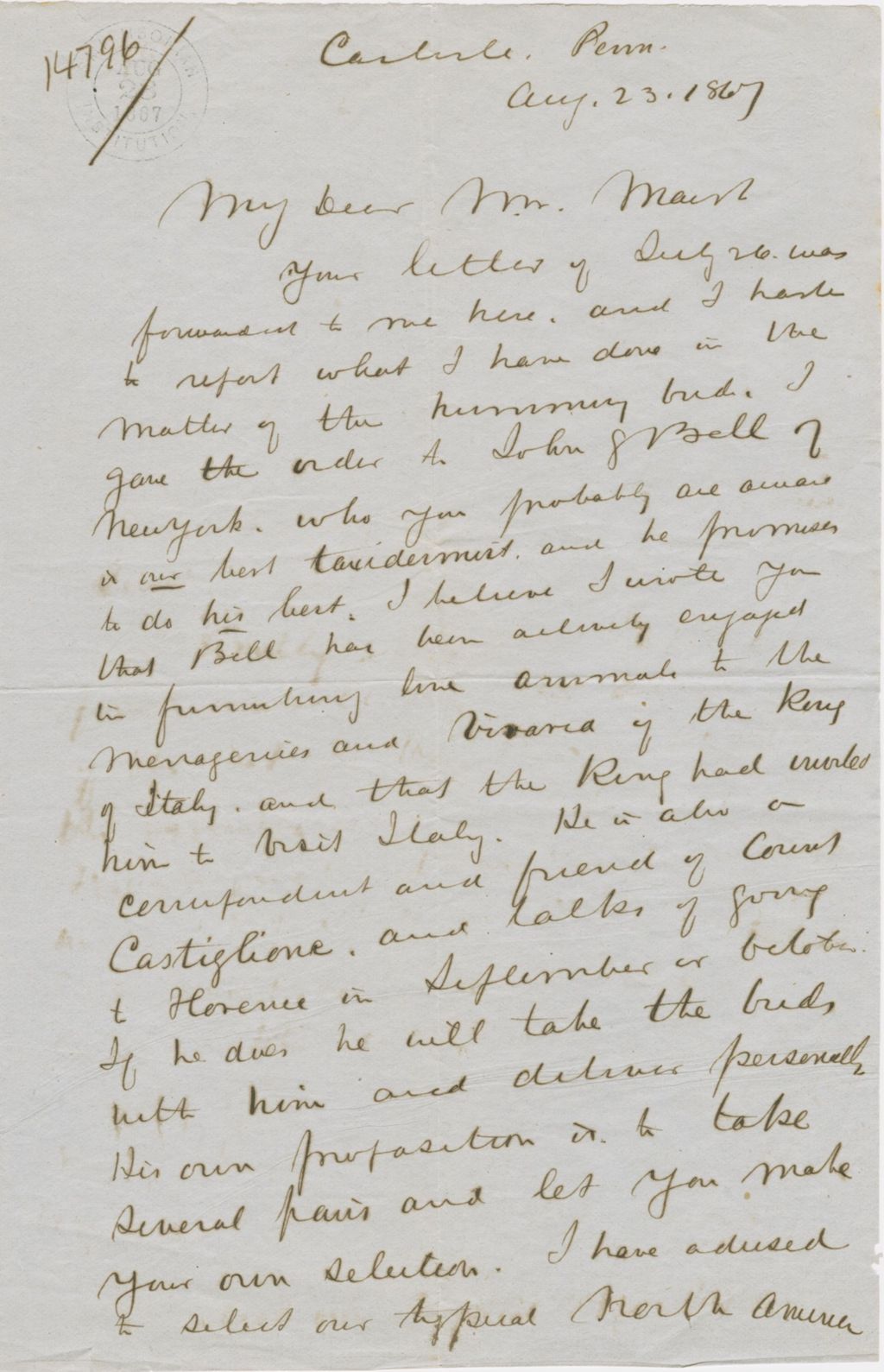 Miniature of Letter from SPENCER FULLERTON BAIRD to GEORGE PERKINS MARSH, dated August 23, 1867.