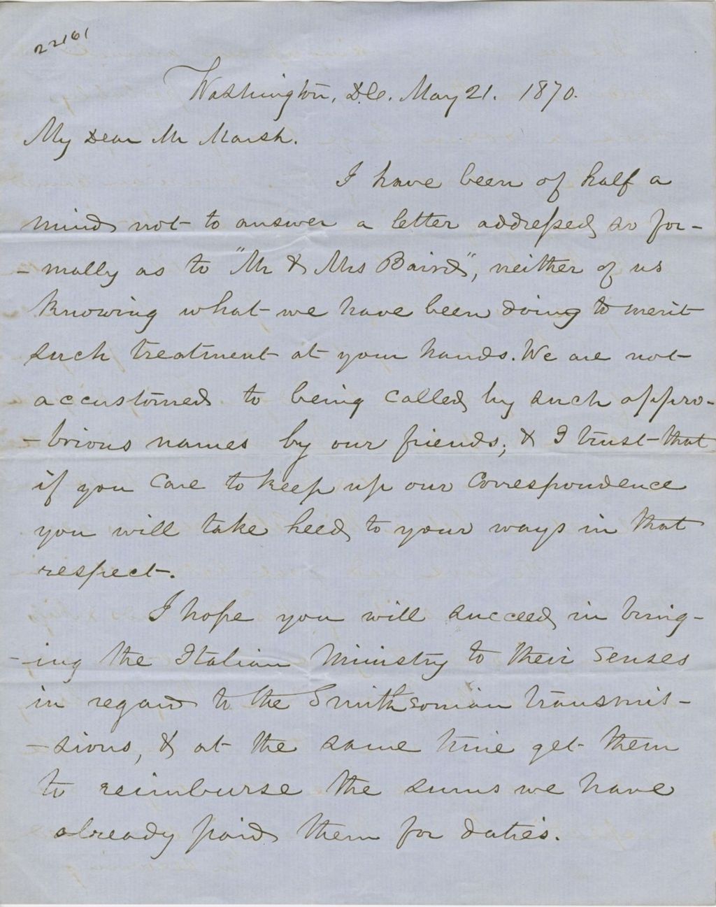 Miniature of Letter from SPENCER FULLERTON BAIRD to GEORGE PERKINS MARSH, dated May 21, 1870.