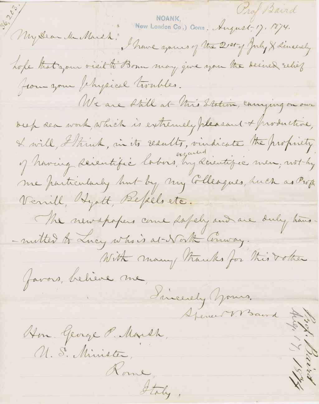 Miniature of Letter from SPENCER FULLERTON BAIRD to GEORGE PERKINS MARSH, dated August 17, 1874.