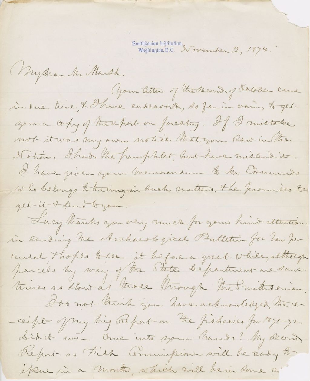 Miniature of Letter from SPENCER FULLERTON BAIRD to GEORGE PERKINS MARSH, dated November 2, 1874.