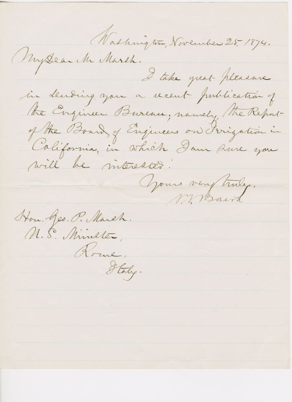 Miniature of Letter from SPENCER FULLERTON BAIRD to GEORGE PERKINS MARSH, dated November 25, 1874.