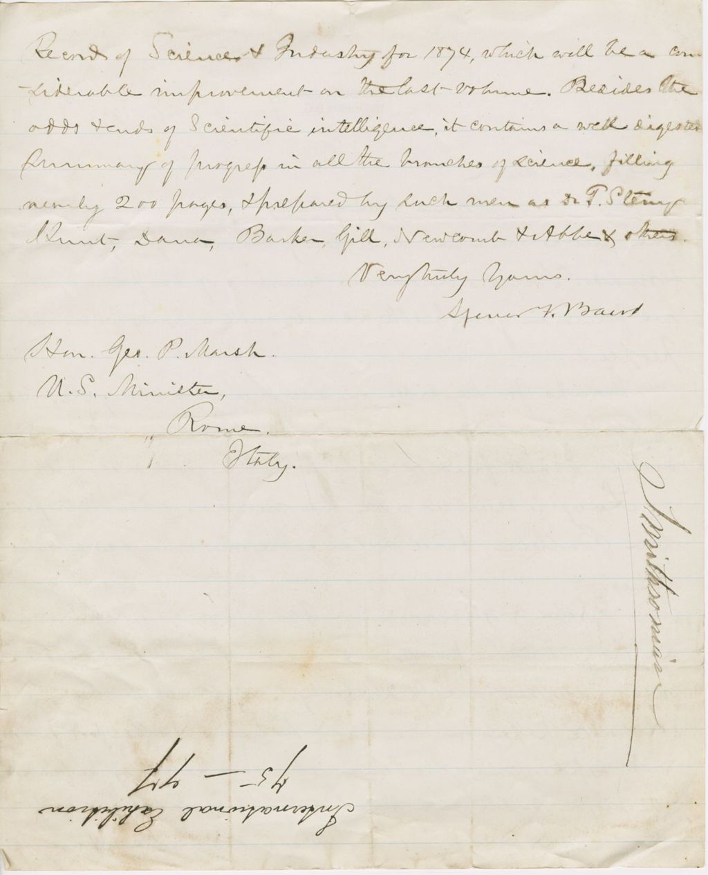 Miniature of Letter from SPENCER FULLERTON BAIRD to GEORGE PERKINS MARSH, dated January 21, 1875.