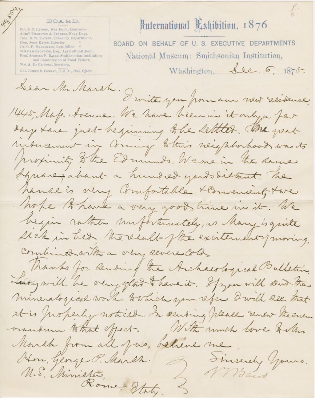 Miniature of Letter from SPENCER FULLERTON BAIRD to GEORGE PERKINS MARSH, dated December 6, 1875.