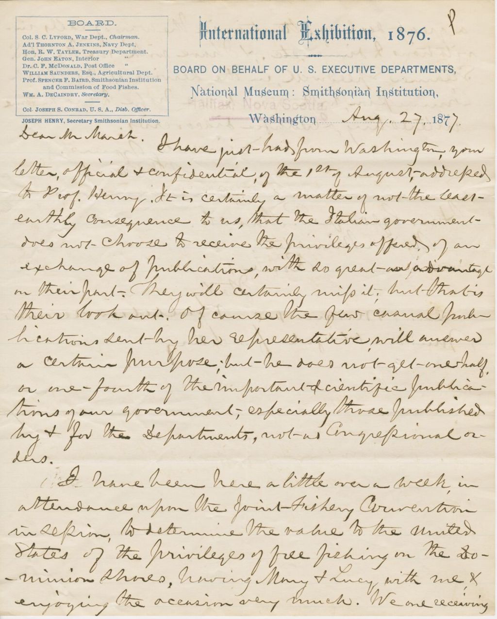 Miniature of Letter from SPENCER FULLERTON BAIRD to GEORGE PERKINS MARSH, dated August 27, 1877.