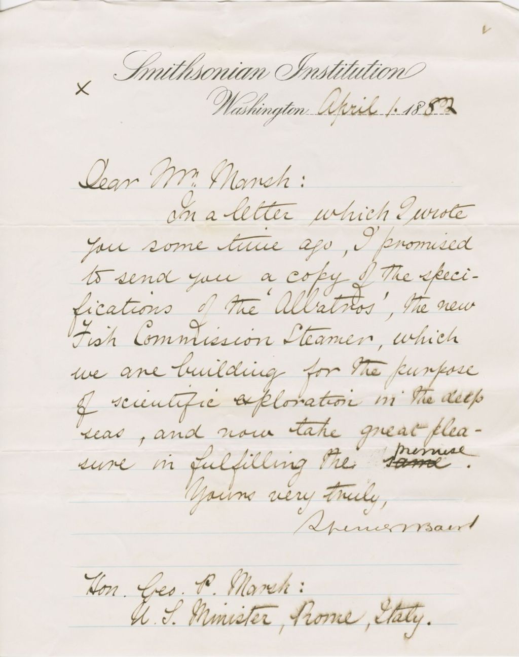 Miniature of Letter from SPENCER FULLERTON BAIRD to GEORGE PERKINS MARSH, dated April 1, 1882.