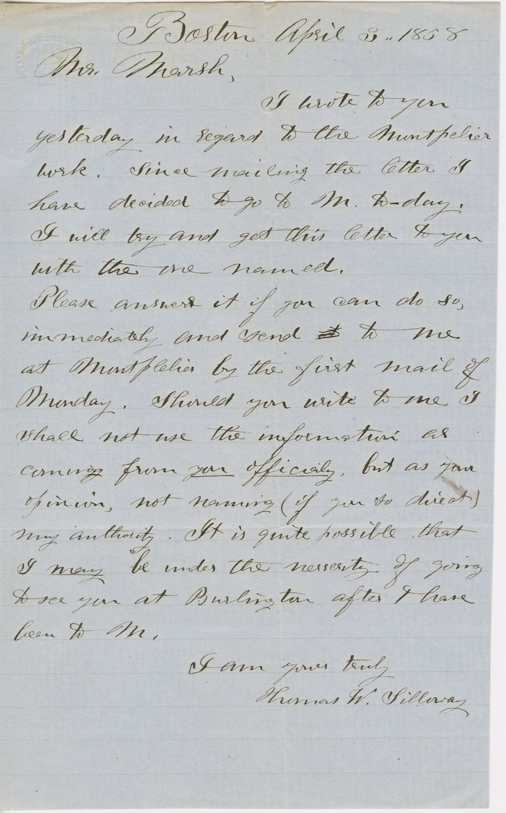 Miniature of Letter from THOMAS WILLIAM SILLOWAY to GEORGE PERKINS MARSH, dated April 3, 1858.