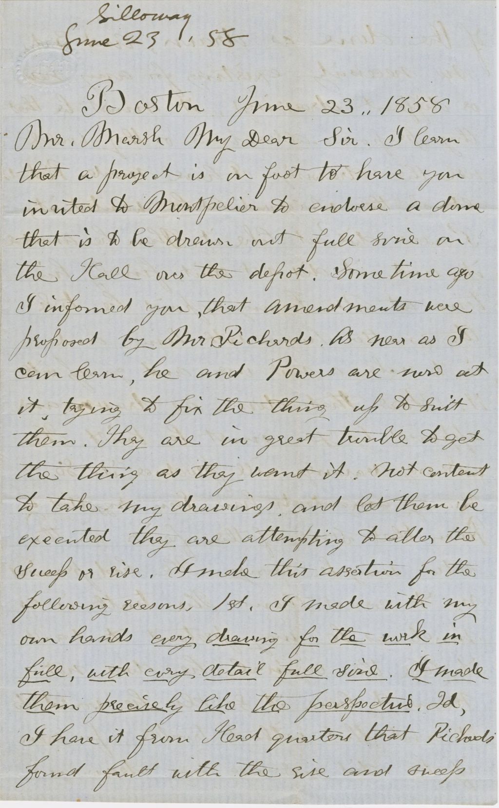 Miniature of Letter from THOMAS WILLIAM SILLOWAY to GEORGE PERKINS MARSH, dated June 23, 1858.