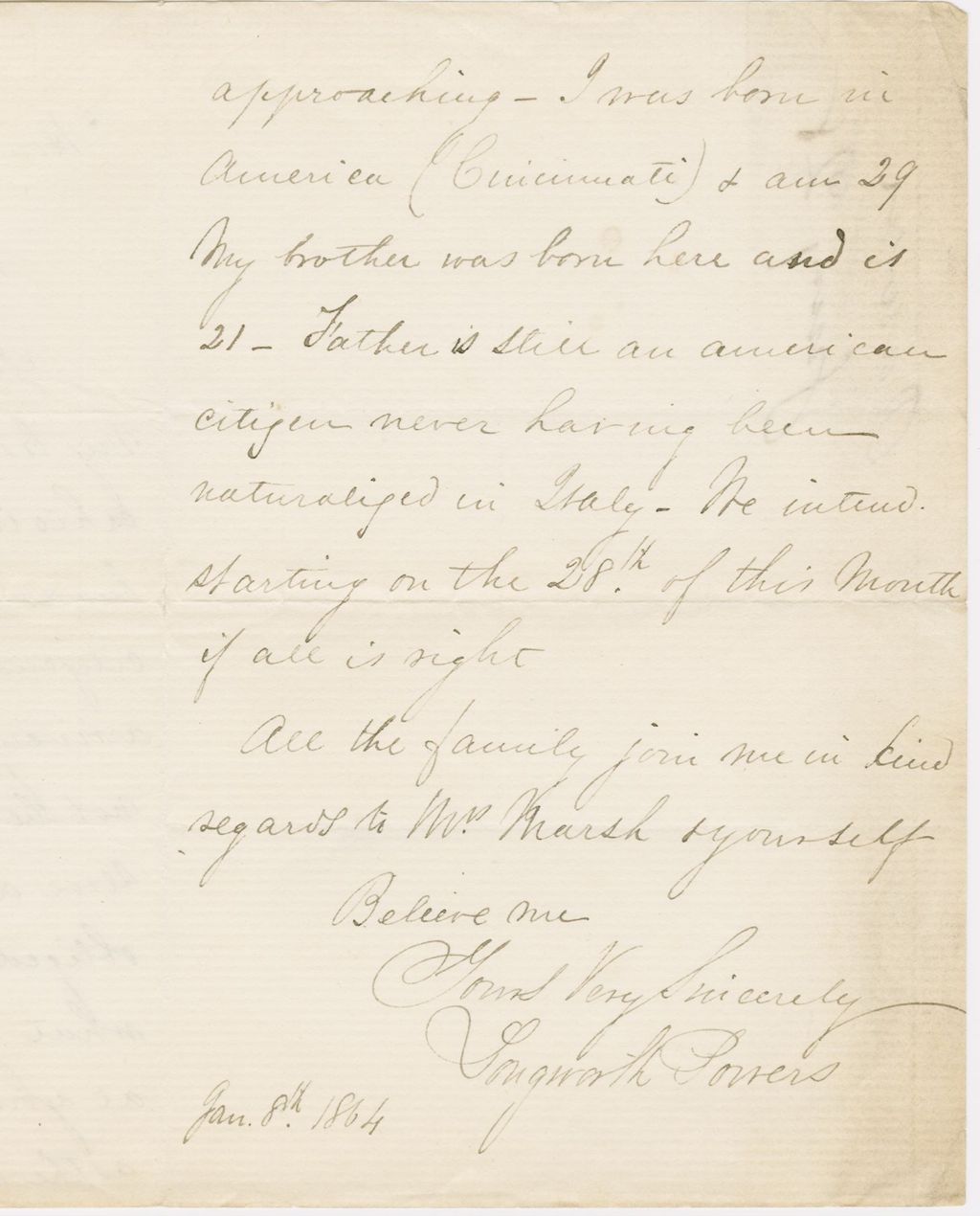 Miniature of Letter from LONGWORTH POWERS to GEORGE PERKINS MARSH, dated January 8, 1864.