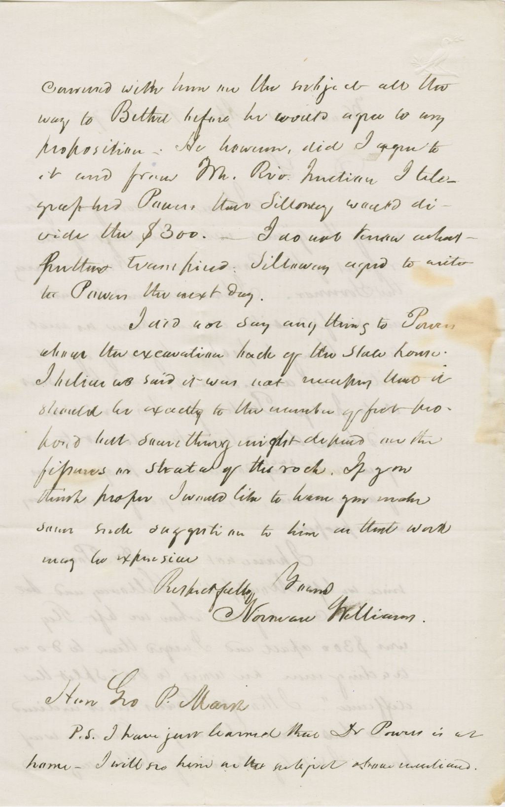 Miniature of Letter from NORMAN WILLIAMS to GEORGE PERKINS MARSH, dated April 13, 1857.