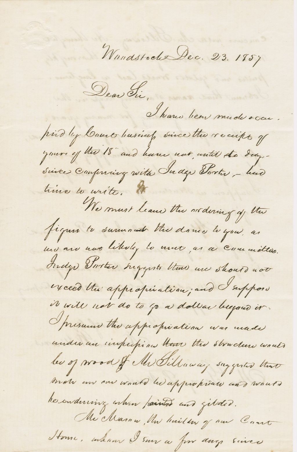 Miniature of Letter from NORMAN WILLIAMS to GEORGE PERKINS MARSH, dated December 23, 1857.