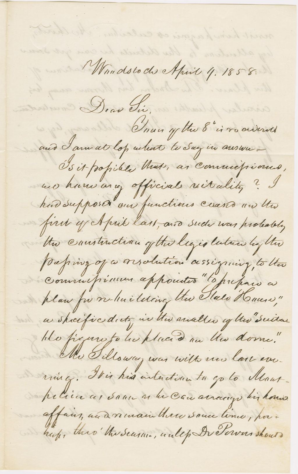 Miniature of Letter from NORMAN WILLIAMS to GEORGE PERKINS MARSH, dated April 9, 1858.