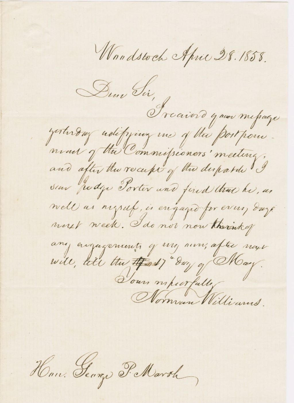 Miniature of Letter from NORMAN WILLIAMS to GEORGE PERKINS MARSH, dated April 28, 1858.